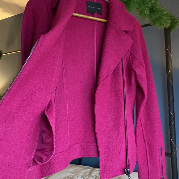 Tahari Fuchsia Dark Pink Motorcycle Bomber Jacket - Picture 6 of 10